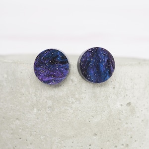 Titanium ear wire - Purple galaxy glitter 12mm round stud earrings - Hypoallergenic earrings - Minimalist studs