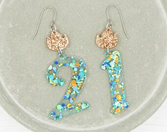Glitter Number Dangle Earrings: Birthday Blue Green Acrylic, Titanium Ear Wire