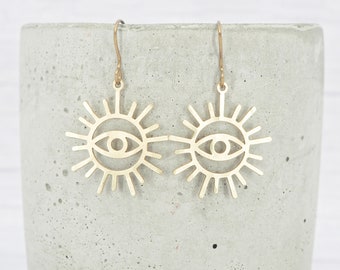 Hypoallergenic titanium ear wires - Brass Eye in Sun dangle earrings - Unique gift