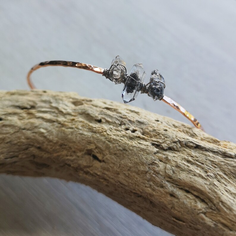 Handmade gift Hammered copper bracelet April birthstone 7th Anniversary Medium Herkimer diamond copper bangle