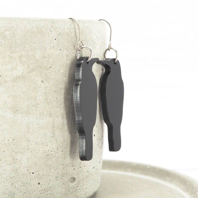 Titanium hypoallergenic ear wire Crow dangle earrings Unique Matte Black acrylic Raven Bird image 6