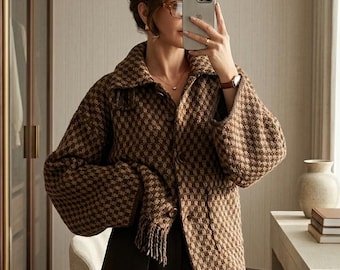 Jesienny brązowy sweter kardigan dla kobiet, sweter z długim rękawem w stylu koreańskim, elegancki luźny sweter z klapami i guzikami, moda jesienna