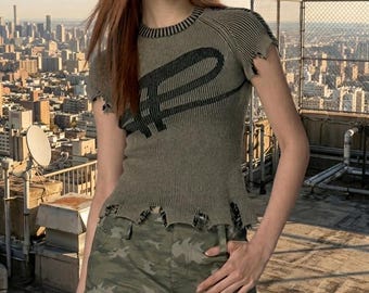 Y2K Grunge Distressed Knit Top Women | Harajuku Punk Ribbed Crop T-Shirt | Vintage Aesthetic Slim Fit Streetwear Tee