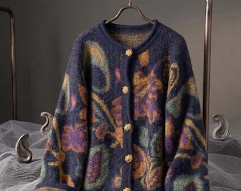 Jesienny sweter w stylu retro z dzianiny, damski sweter w stylu vintage, metalowy guzik z haftem, inspirowany Koreą, przytulny jesienny kardigan, miękka dzianinowa kurtka