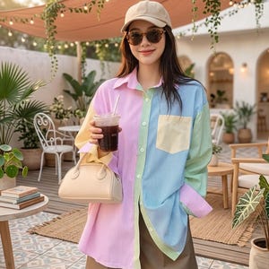 Comfortable Striped Patchwork Shirt for Women, Korean Style Oversized Button Up Blouse, Soft Breathable Casual Spring Summer Top Daily Wear