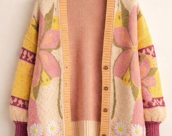 Damski sweter z dzianiny Y2K z kwiatowym wzorem zapinany na guziki, z długim rękawem, w stylu vintage, streetwear, jesienna, wygodna, miękka, codzienna kurtka w stylu koreańskim, uroczy kardigan