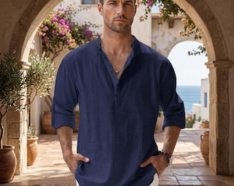 Men Cotton Linen Shirt Casual Lightweight Long Sleeve Henley Shirt Beach Hawaiian Summer Shirt Loose Fit Vacation Button Top