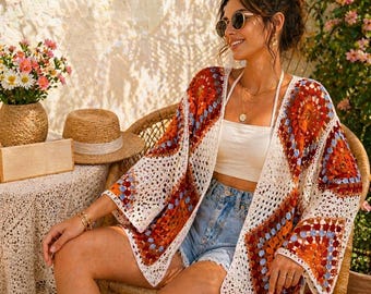 Kardigan w stylu boho, szydełkowy, damski, letni, plażowy, kimono w stylu babci, lekki, prześwitujący bolerko, strój festiwalowy, narzutka na bikini na wakacje