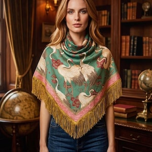 May include: A square scarf with a teal background featuring white cranes and red floral accents. The scarf has a pink border and gold fringe. The scarf is worn around the neck.
