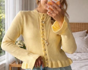 Soft Knit Cardigan for Women | Autumn Round Neck Button Down Sweater | Minimalist Slim Fit Knit Top  Inspired Ruffle Hem Light Jacket