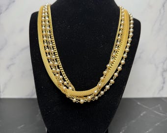 Vintage Faux Pearl and Goldtone Multi-Strand Necklace with Faux Pearl Clasp