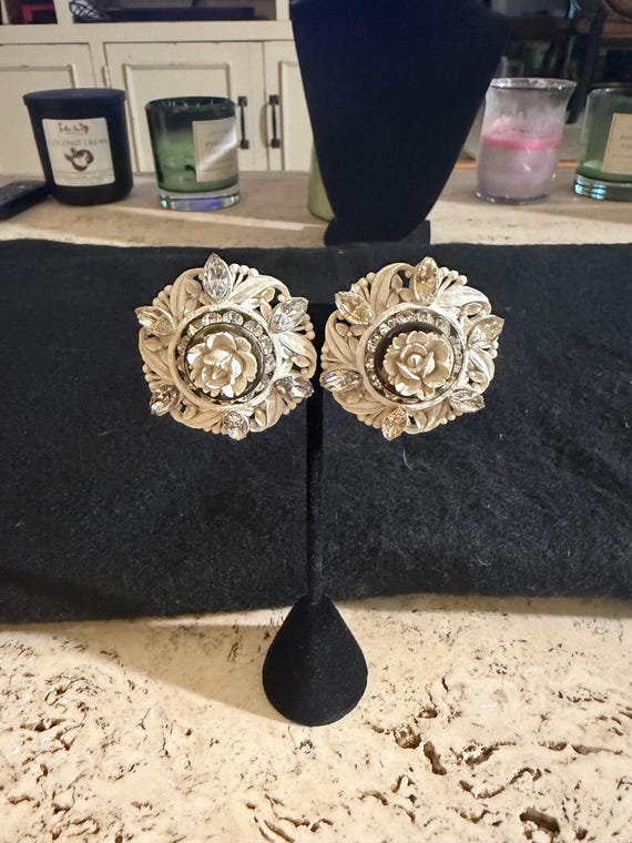 Vintage cream carved celluloid floral clip earrings