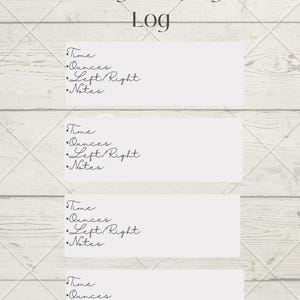 May include: A white Daily Pumping Log with four sections for recording time, ounces, left/right, and notes. The log is on a light wood-grain background with a diamond pattern.