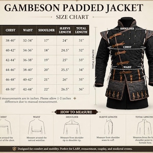 Puede incluir: Una chaqueta acolchada negra tipo gambes&oacute;n con correas y hebillas de cuero marr&oacute;n. La imagen incluye una tabla de tallas con medidas en pulgadas para las tallas S a 3XL, junto con diagramas que ilustran c&oacute;mo medir el pecho, la cintura, los hombros, la longitud de la manga y la longitud total.
