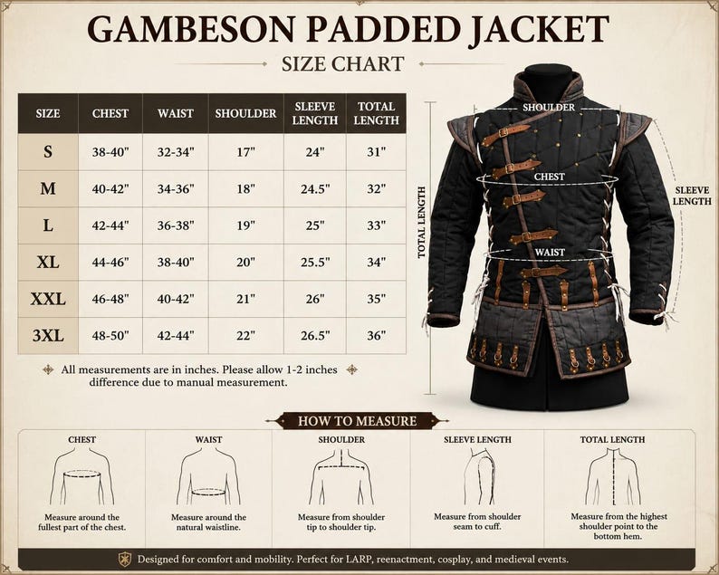 Puede incluir: Una chaqueta acolchada negra tipo gambes&oacute;n con correas y hebillas de cuero marr&oacute;n. La imagen incluye una tabla de tallas con medidas en pulgadas para las tallas S a 3XL, junto con diagramas que ilustran c&oacute;mo medir el pecho, la cintura, los hombros, la longitud de la manga y la longitud total.