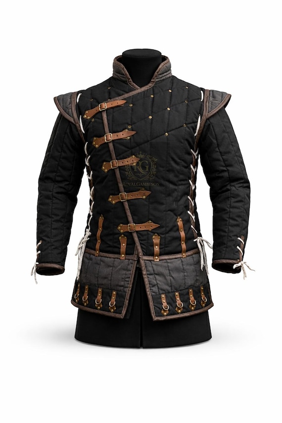 Black Quilted Gambeson Jacket – Medieval Armor Coat with Leather Straps (Reenactment Gear)