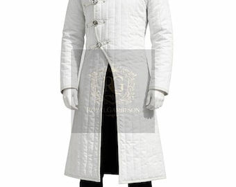 Abrigo gambesón acolchado blanco – Chaqueta de armadura medieval para LARP, disfraces renacentistas y recreación histórica.