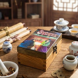 Può includere: Una scatola di legno con coperchio a cerniera con un'illustrazione colorata di "The Apothecary Diaries". La scatola è su un tavolo di legno con tazze da tè, pergamene e piccoli vasi di ceramica. La scatola ha una chiusura in metallo.
