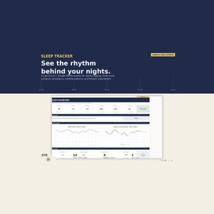 May include: A digital sleep tracker dashboard interface for Excel and Google Sheets. The dark blue and white layout displays sleep metrics, including sleep duration and quality graphs, with text reading SLEEP TRACKER, See the rhythm behind your nights.