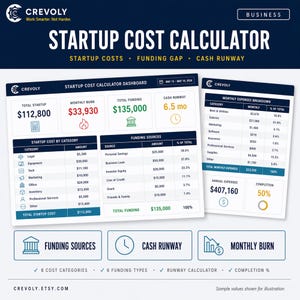 May include: A digital startup cost calculator with a dashboard showing startup costs, funding, and cash runway. The image includes charts and graphs detailing expenses, funding sources, and completion percentages. The text includes "Startup Cost Calculator" and "Crevoly.etsy.com".