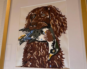 Anpassad akrylmålning av husdjursporträtt: Hund med anka, jaktkonst
