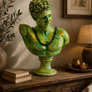 Apoll Büste Skulptur | Handgemachte Smaragd Gold & Smaragd Crackle Art