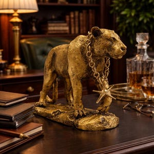 May include: A gold-colored lion statue with a chain necklace and a star pendant. The statue is on a dark wooden surface, with books and a lamp in the background. The statue is a decorative item.