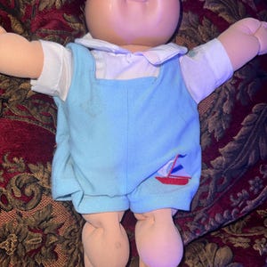 Vintage 1984 Cabbage Patch Kids Preemie Boy Doll | Coleco Head Mold #2 "Brat Face" Blue Eyes | Original Blue Sailboat Romper Outfit | Signed