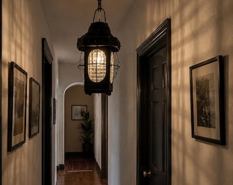 Vintage Gothic Industrial Lantern Pendant Light – Black Iron Hanging Hallway Fixture – Dark Academia Medieval Decor