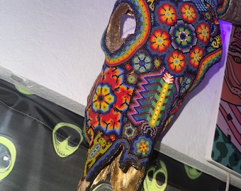 Huichol (Wixárika) beaded real bull skull with horns