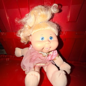 Vintage Cabbage Patch Kids Doll Blonde Ponytail Blue Eyes | Pink Satin Gold Trim Dress