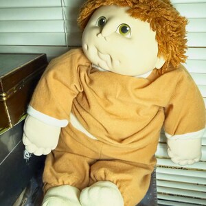 Vintage Cabbage Patch Kids Boy Doll Auburn Hair Green Eyes | Brown Outfit White Cuffs