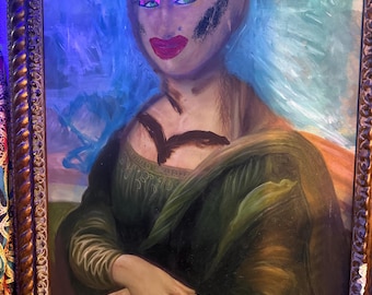 Altered Mona Lisa Painting – Neon Glam Surreal Portrait – Large Framed Camp Art Statement Piece”