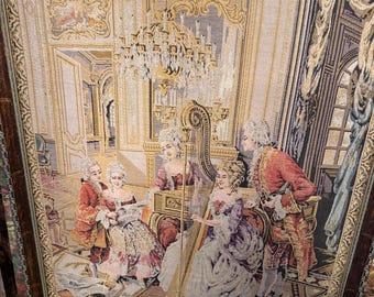 Vintage French Court Tapestry – Marie Antoinette Era  – Rococo Palace Scene with Harp – Framed European Wall Art