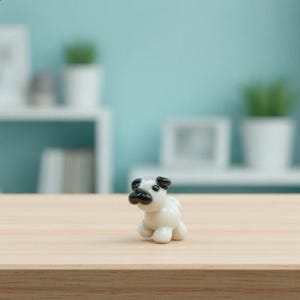 May include: A small, handcrafted glass figurine of a dog with a smooth, off-white body, black ears, and a black muzzle. The miniature animal sculpture features rounded shapes and a glossy finish, capturing a simple, stylized representation of a puppy.