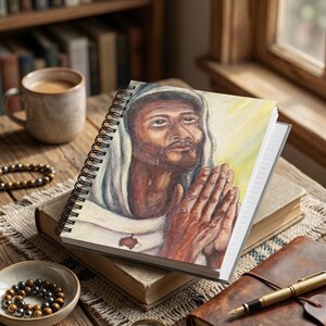 Cuaderno espiral negro con diseño de Jesús – 118 páginas rayadas, diario de fe (6x8)