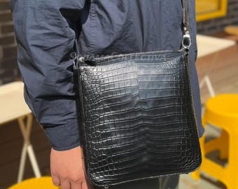 Black Alligator Leather Shoulder Bag: Real Exotic Skin Purse