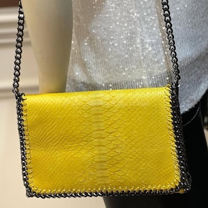 Yellow Python Leather Shoulder Bag: Real Exotic Skin Purse