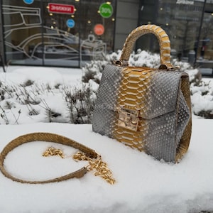Puede incluir: Un bolso de mano de piel de serpiente gris y dorado con una correa a juego y una cadena dorada. El bolso tiene una forma estructurada con un asa superior y un cierre de broche dorado. La correa está en la nieve.