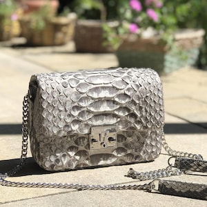 Może przedstawiać: Prostokątna, szaro-biała torebka ze wzorem skóry węża z łańcuszkiem w kolorze srebrnym. Torebka posiada srebrne zapięcie i pasujący pasek ze skóry węża. Tło jest rozmyte, z widoczną zielenią i kwiatami.