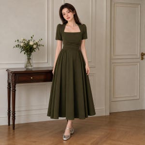 olive green vintage dress Vintage Olive Green Prom Dresses With Appliques Evening Party Dress J9657
