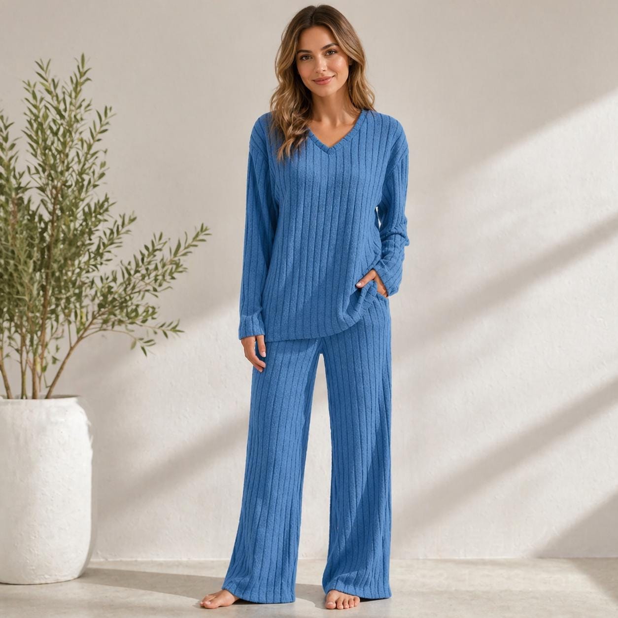 Women's Ribbed V-Neck Pajama Set - Long Sleeve Top & Pants Lounge Outfit