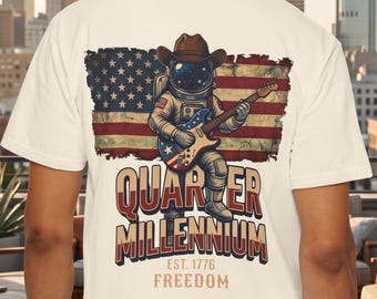 Vintage Astronaut Cowboy Guitar T-Shirt, 1776 American Flag Apparel