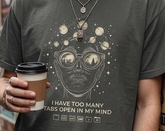 Overthinking Celestial Graphic Tee, Retro Astronomy Tabs Open Mind Shirt