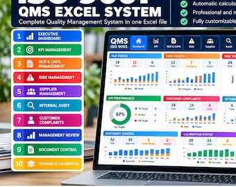 Sistema Excel para la gestión de la calidad según la norma ISO 9001 / Panel de control de gestión de la calidad, Capa, Riesgo, Auditoría, KPI y Seguimiento de proveedores