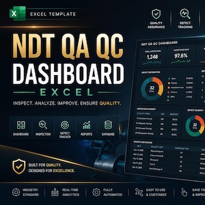 以下が含まれることがあります： ExcelのNDT QA QC用のデジタルダッシュボードテンプレート。インターフェースは、受け入れ率、検出された欠陥、検査の概要などの主要な指標を含む、チャートやグラフなどのデータ視覚化を表示します。デザインは、緑と金のアクセントが施されたダークカラーです。