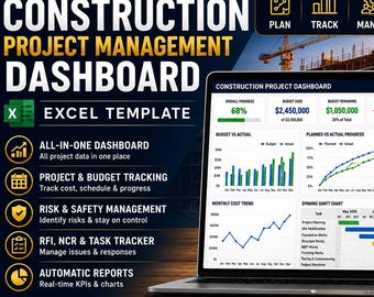 Construction Project Control System Excel Template | Dashboard, Gantt & Budget Tracker