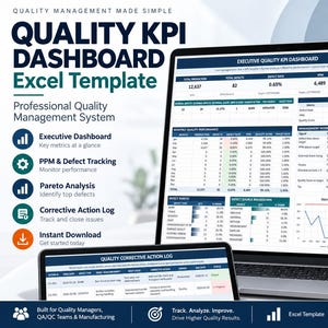 Op de afbeelding: Een digitaal Excel-sjabloon voor een kwaliteits-KPI-dashboard, weergegeven op een laptop- en tabletscherm. De interface bevat tabellen, grafieken en statistieken voor productie, foutpercentages en kwaliteitsscores met diverse tekstlabels.