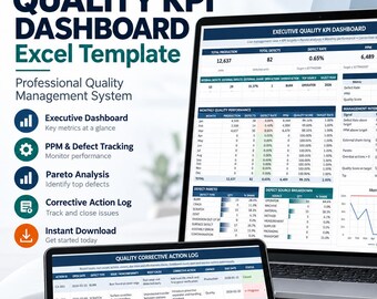 Quality KPI Dashboard Excel Template | QMS, Defect, PPM, Pareto Tracker (Digital Download)