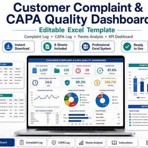 Customer Complaint CAPA Quality Dashboard Excel Template (Digital Download)